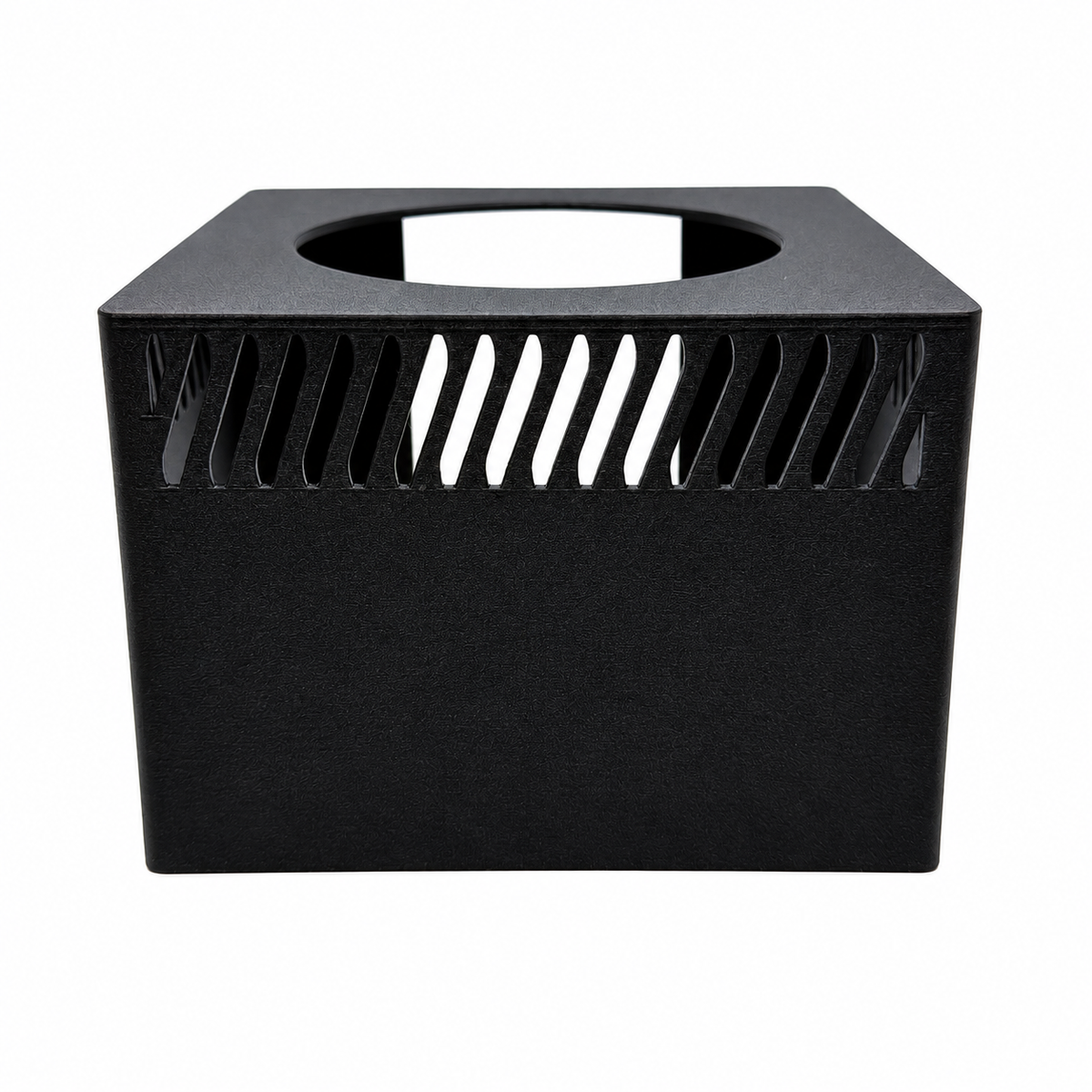 Front view of a black Red Sea ReefLED G2 light shade with angled ventilation slots.