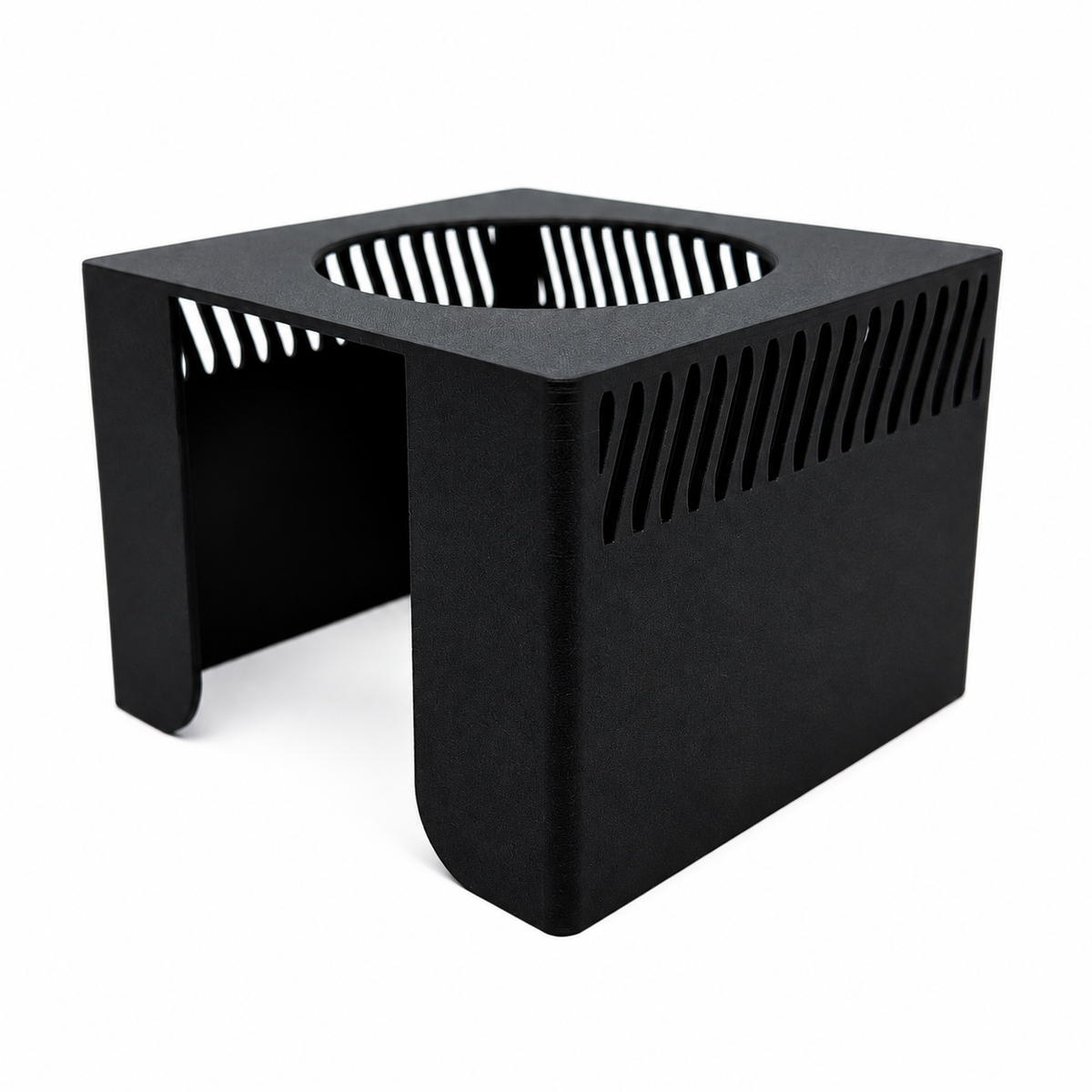 Rear view of a black Red Sea ReefLED G2 light shade showing the open back and ventilation slots.