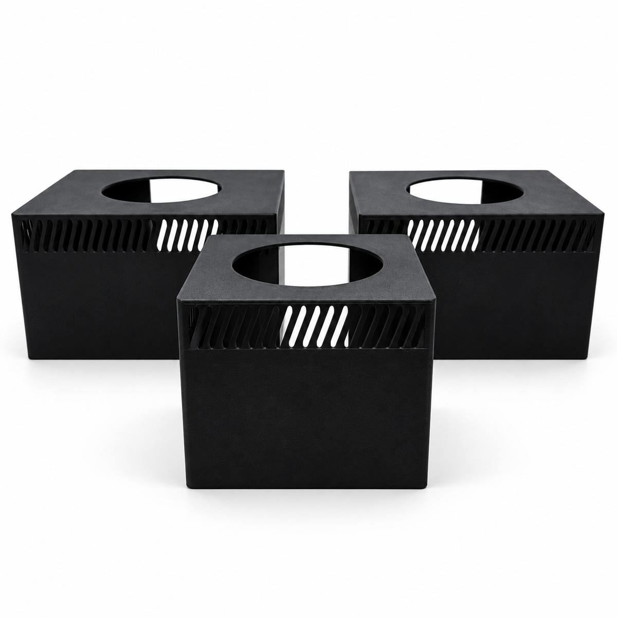 Three matte black light shades for Red Sea ReefLED G2 60, 115 and 170 on a white background.